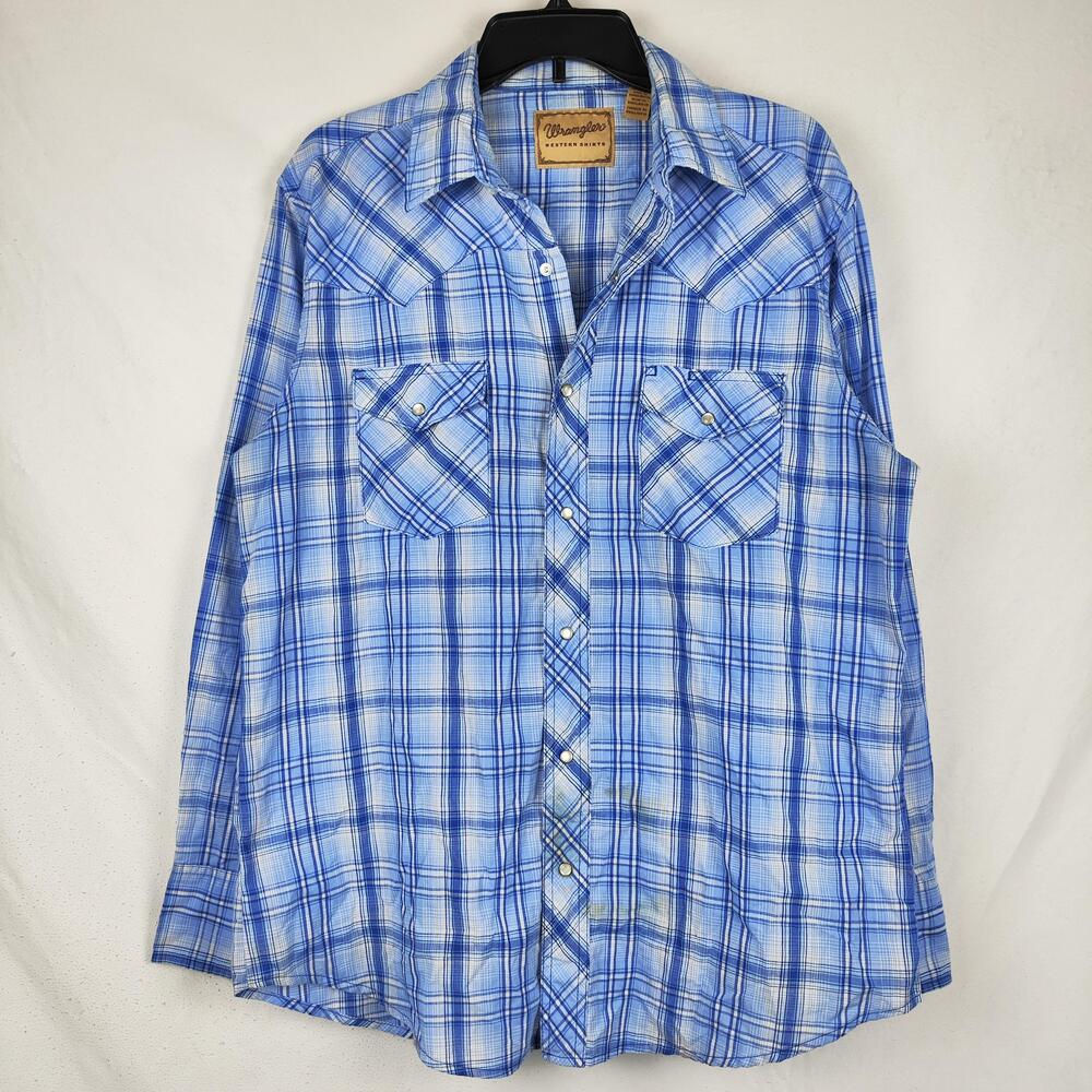 Wrangler Shirt Mens Large Blue Plaid Western Pearl Snap Long Sleeve Casual